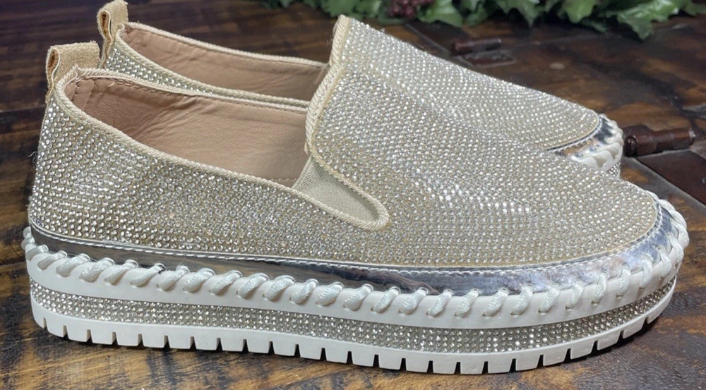 Muguan Womens 5.5 Gold Rhinestone Sparkly Platform Slip On Loafers